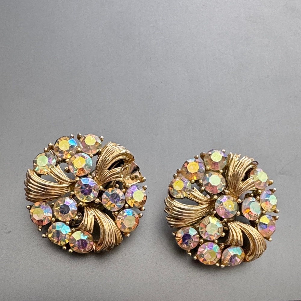 Lisner Elegant Gold and Iridescent Crystal clip-on Earrings